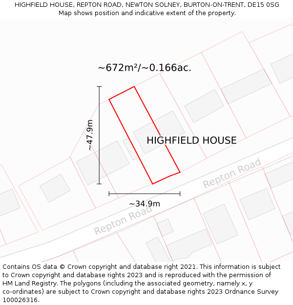 HIGHFIELD HOUSE, REPTON ROAD, NEWTON SOLNEY, BURTON-ON-TRENT, DE15 0SG: Plot and title map