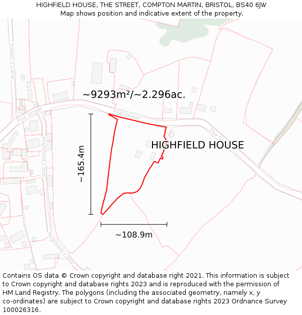 HIGHFIELD HOUSE, THE STREET, COMPTON MARTIN, BRISTOL, BS40 6JW: Plot and title map