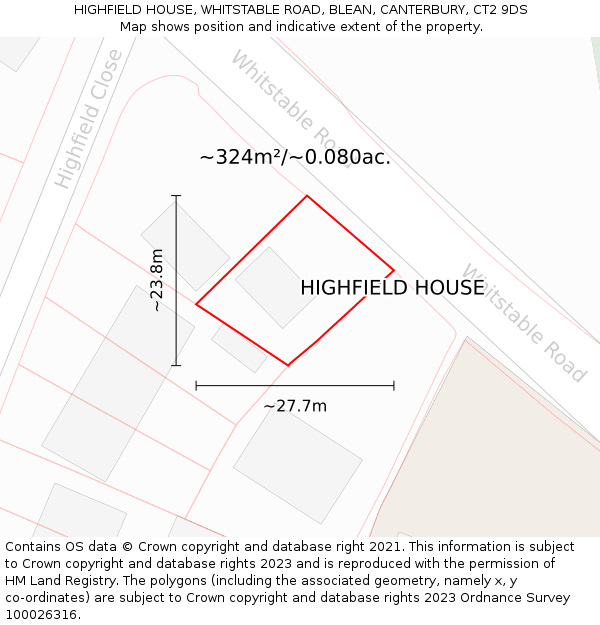 HIGHFIELD HOUSE, WHITSTABLE ROAD, BLEAN, CANTERBURY, CT2 9DS: Plot and title map