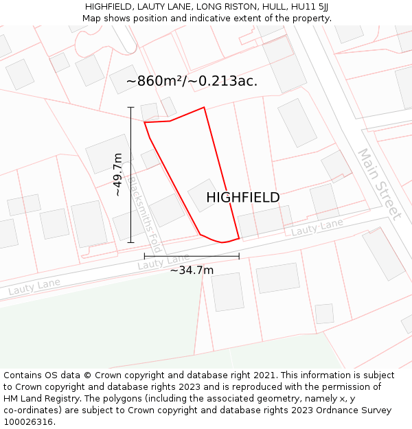 HIGHFIELD, LAUTY LANE, LONG RISTON, HULL, HU11 5JJ: Plot and title map