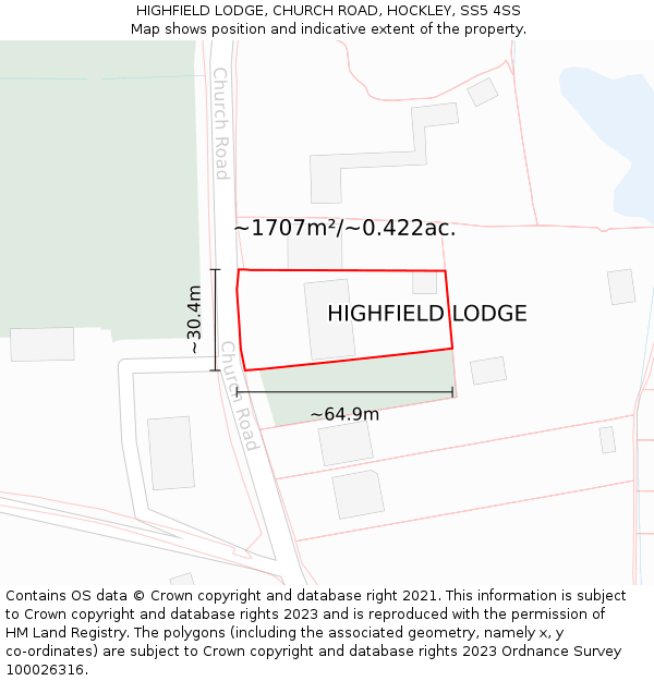 HIGHFIELD LODGE, CHURCH ROAD, HOCKLEY, SS5 4SS: Plot and title map