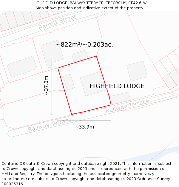 HIGHFIELD LODGE, RAILWAY TERRACE, TREORCHY, CF42 6LW: Plot and title map