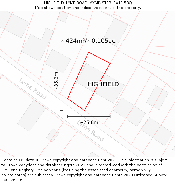 HIGHFIELD, LYME ROAD, AXMINSTER, EX13 5BQ: Plot and title map