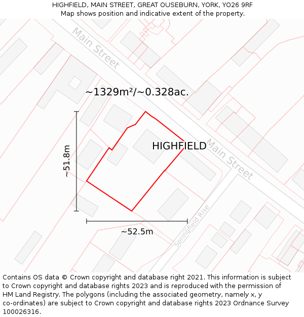 HIGHFIELD, MAIN STREET, GREAT OUSEBURN, YORK, YO26 9RF: Plot and title map