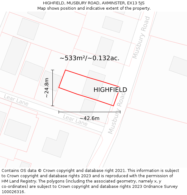 HIGHFIELD, MUSBURY ROAD, AXMINSTER, EX13 5JS: Plot and title map