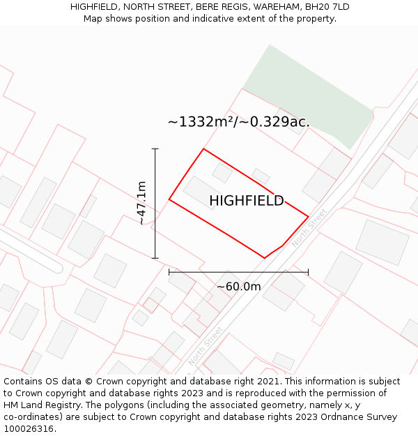 HIGHFIELD, NORTH STREET, BERE REGIS, WAREHAM, BH20 7LD: Plot and title map