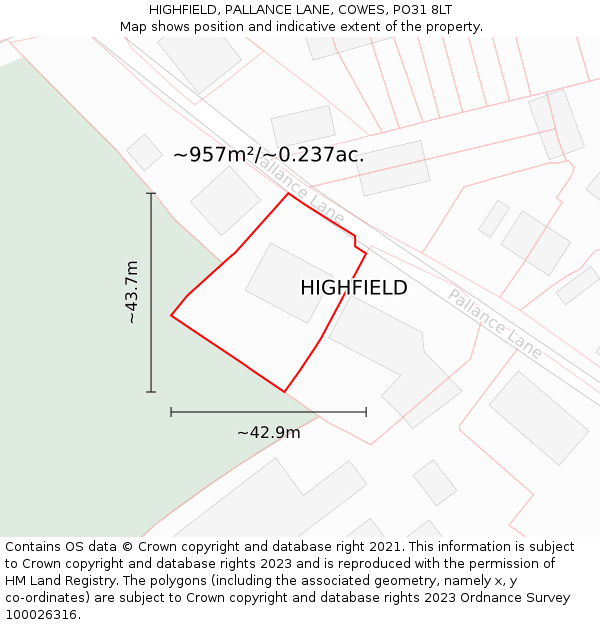 HIGHFIELD, PALLANCE LANE, COWES, PO31 8LT: Plot and title map