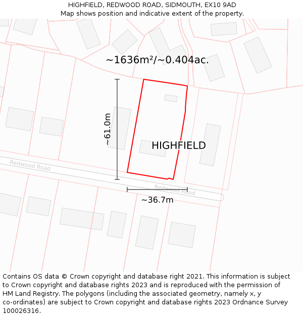 HIGHFIELD, REDWOOD ROAD, SIDMOUTH, EX10 9AD: Plot and title map