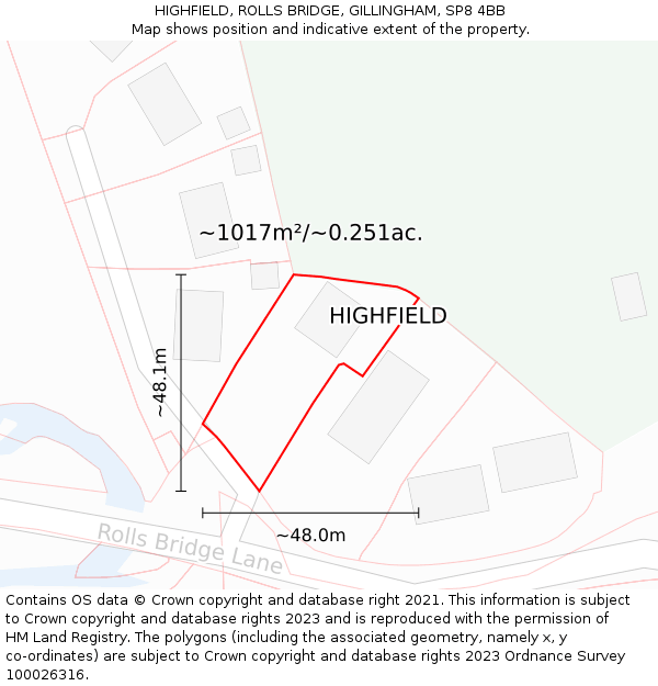 HIGHFIELD, ROLLS BRIDGE, GILLINGHAM, SP8 4BB: Plot and title map