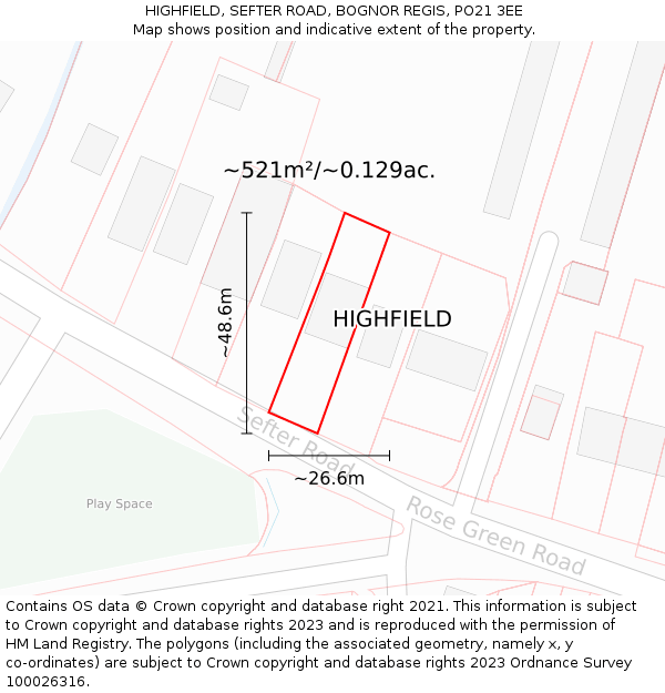 HIGHFIELD, SEFTER ROAD, BOGNOR REGIS, PO21 3EE: Plot and title map