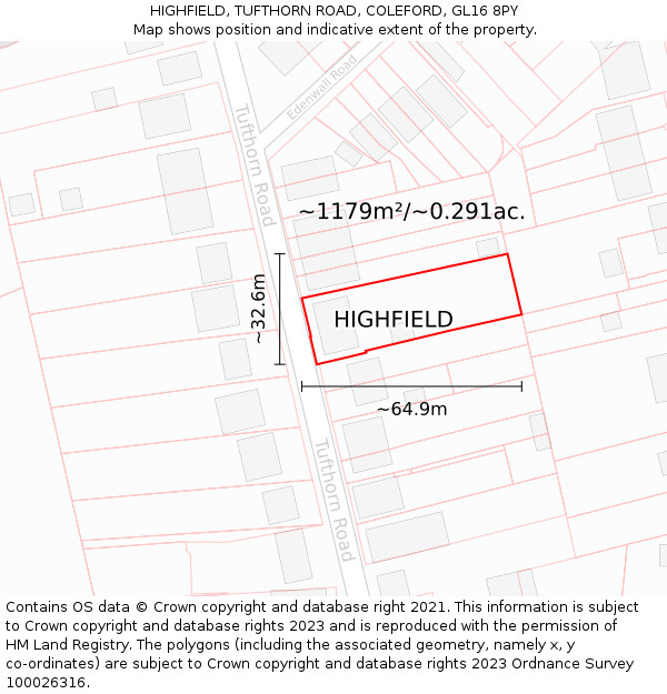 HIGHFIELD, TUFTHORN ROAD, COLEFORD, GL16 8PY: Plot and title map