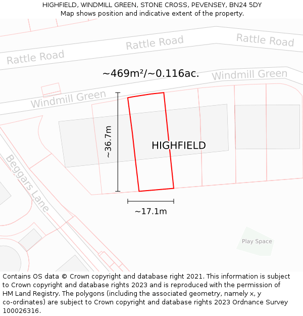HIGHFIELD, WINDMILL GREEN, STONE CROSS, PEVENSEY, BN24 5DY: Plot and title map