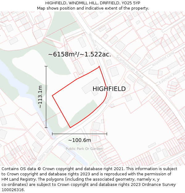 HIGHFIELD, WINDMILL HILL, DRIFFIELD, YO25 5YP: Plot and title map