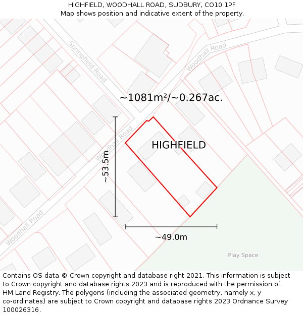 HIGHFIELD, WOODHALL ROAD, SUDBURY, CO10 1PF: Plot and title map