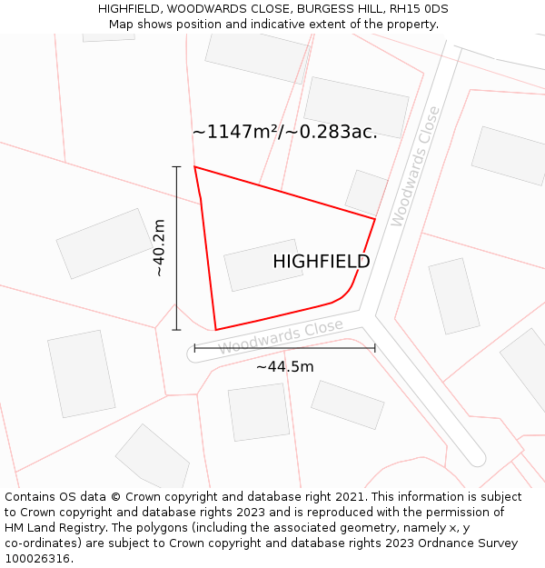 HIGHFIELD, WOODWARDS CLOSE, BURGESS HILL, RH15 0DS: Plot and title map