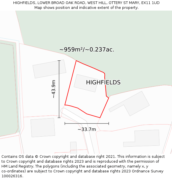 HIGHFIELDS, LOWER BROAD OAK ROAD, WEST HILL, OTTERY ST MARY, EX11 1UD: Plot and title map