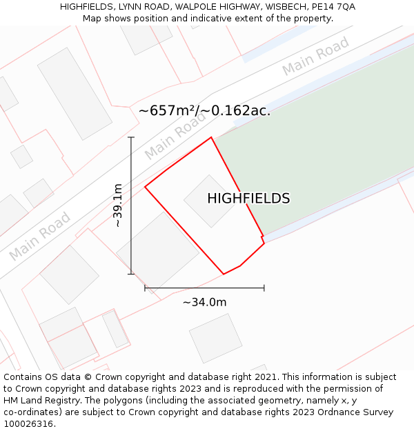 HIGHFIELDS, LYNN ROAD, WALPOLE HIGHWAY, WISBECH, PE14 7QA: Plot and title map