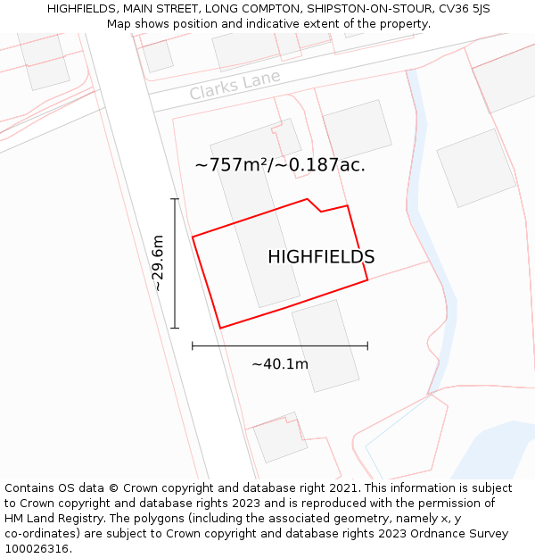 HIGHFIELDS, MAIN STREET, LONG COMPTON, SHIPSTON-ON-STOUR, CV36 5JS: Plot and title map
