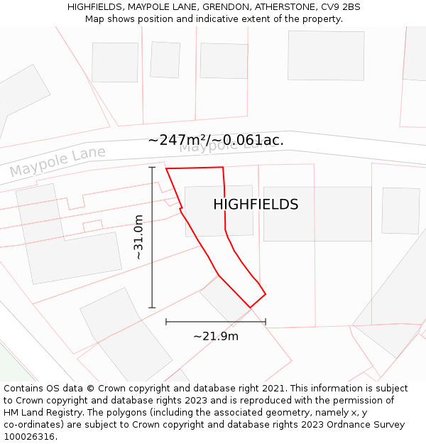 HIGHFIELDS, MAYPOLE LANE, GRENDON, ATHERSTONE, CV9 2BS: Plot and title map