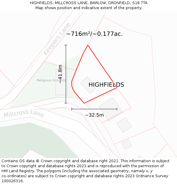 HIGHFIELDS, MILLCROSS LANE, BARLOW, DRONFIELD, S18 7TA: Plot and title map