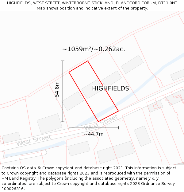 HIGHFIELDS, WEST STREET, WINTERBORNE STICKLAND, BLANDFORD FORUM, DT11 0NT: Plot and title map