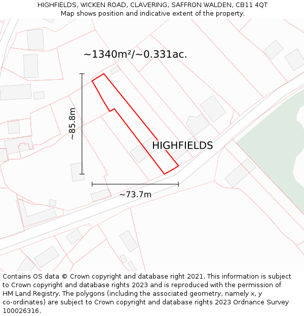HIGHFIELDS, WICKEN ROAD, CLAVERING, SAFFRON WALDEN, CB11 4QT: Plot and title map