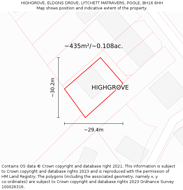 HIGHGROVE, ELDONS DROVE, LYTCHETT MATRAVERS, POOLE, BH16 6HH: Plot and title map