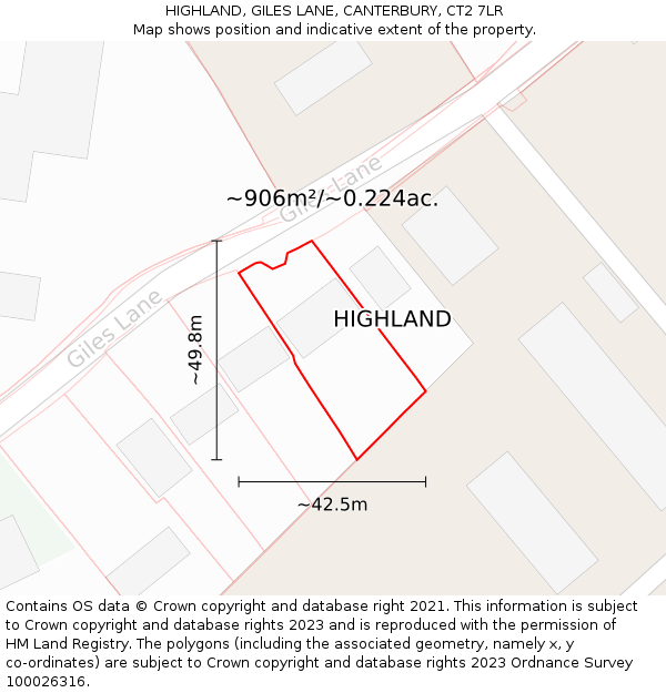 HIGHLAND, GILES LANE, CANTERBURY, CT2 7LR: Plot and title map