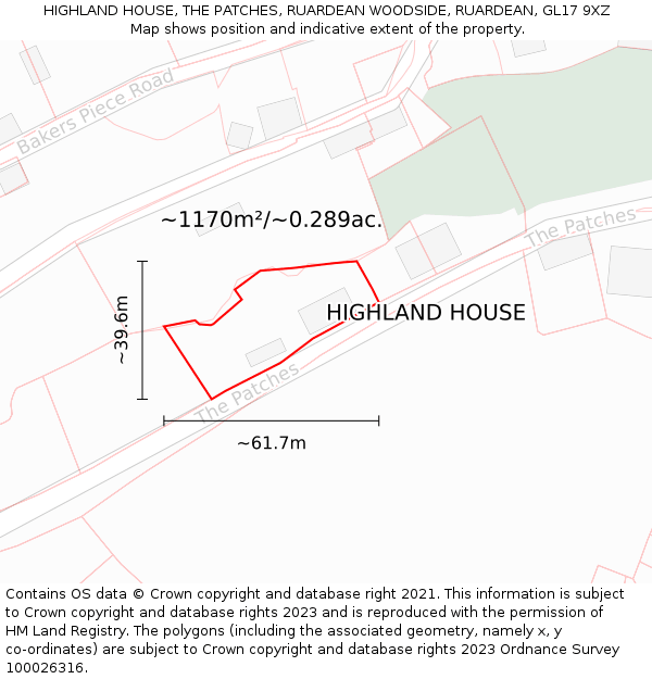 HIGHLAND HOUSE, THE PATCHES, RUARDEAN WOODSIDE, RUARDEAN, GL17 9XZ: Plot and title map