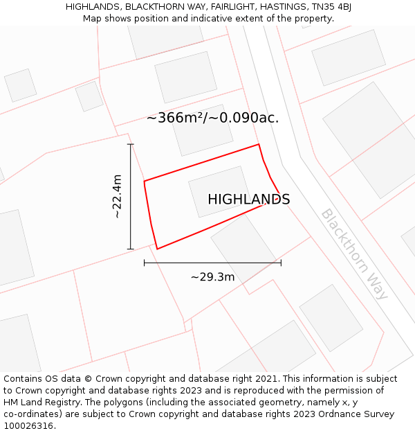 HIGHLANDS, BLACKTHORN WAY, FAIRLIGHT, HASTINGS, TN35 4BJ: Plot and title map