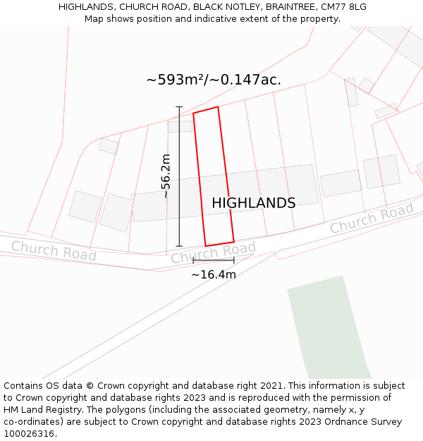 HIGHLANDS, CHURCH ROAD, BLACK NOTLEY, BRAINTREE, CM77 8LG: Plot and title map