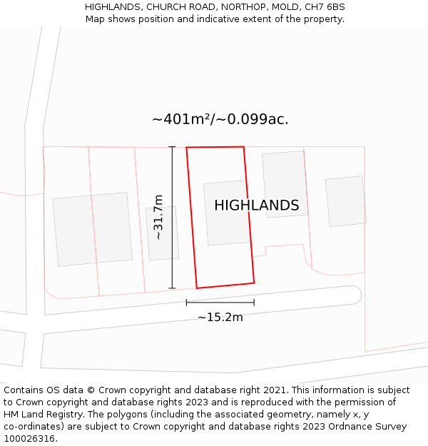 HIGHLANDS, CHURCH ROAD, NORTHOP, MOLD, CH7 6BS: Plot and title map