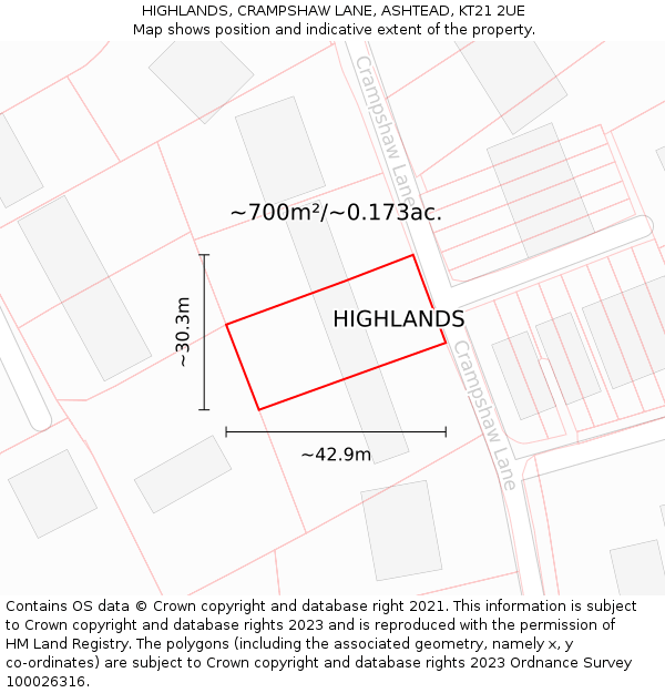 HIGHLANDS, CRAMPSHAW LANE, ASHTEAD, KT21 2UE: Plot and title map