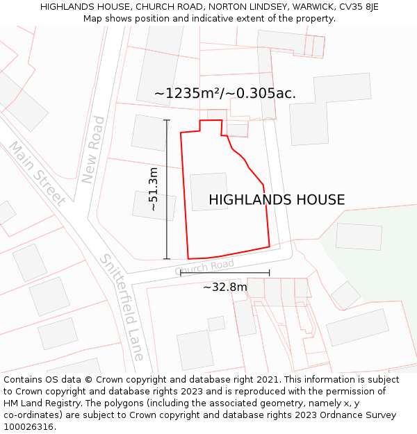 HIGHLANDS HOUSE, CHURCH ROAD, NORTON LINDSEY, WARWICK, CV35 8JE: Plot and title map