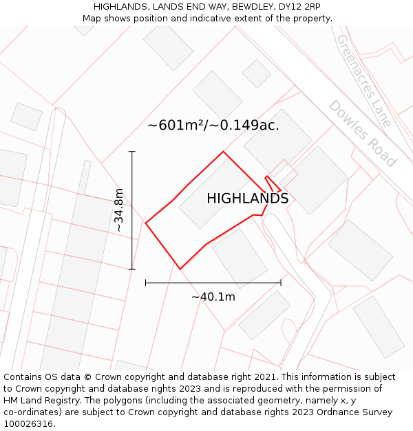 HIGHLANDS, LANDS END WAY, BEWDLEY, DY12 2RP: Plot and title map