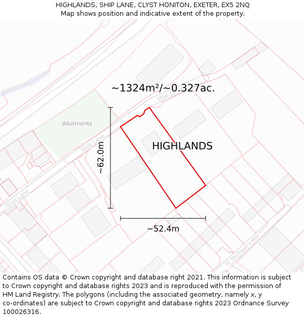 HIGHLANDS, SHIP LANE, CLYST HONITON, EXETER, EX5 2NQ: Plot and title map