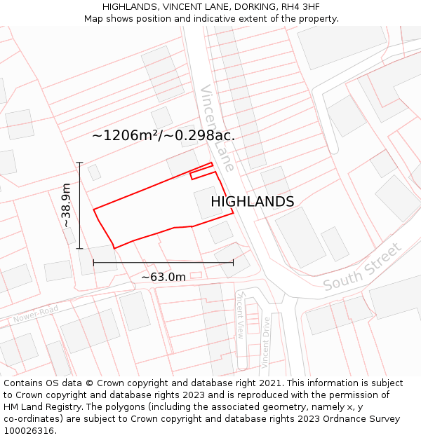 HIGHLANDS, VINCENT LANE, DORKING, RH4 3HF: Plot and title map