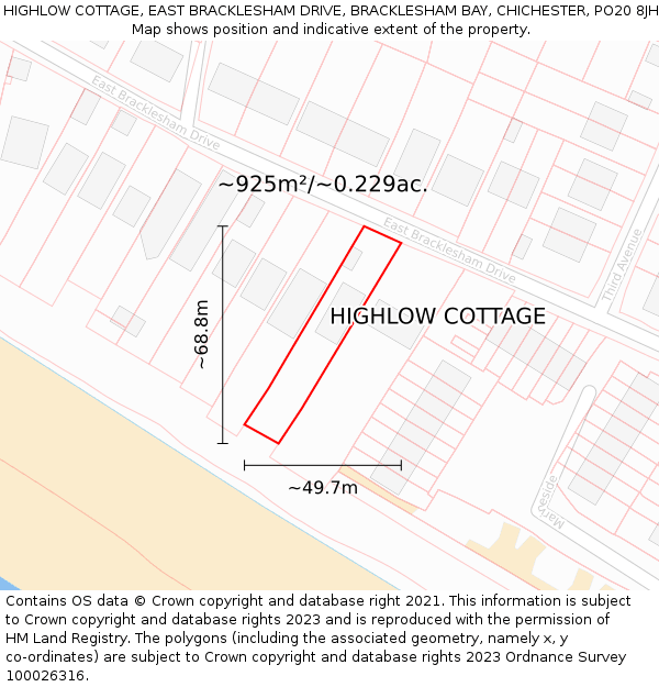 HIGHLOW COTTAGE, EAST BRACKLESHAM DRIVE, BRACKLESHAM BAY, CHICHESTER, PO20 8JH: Plot and title map