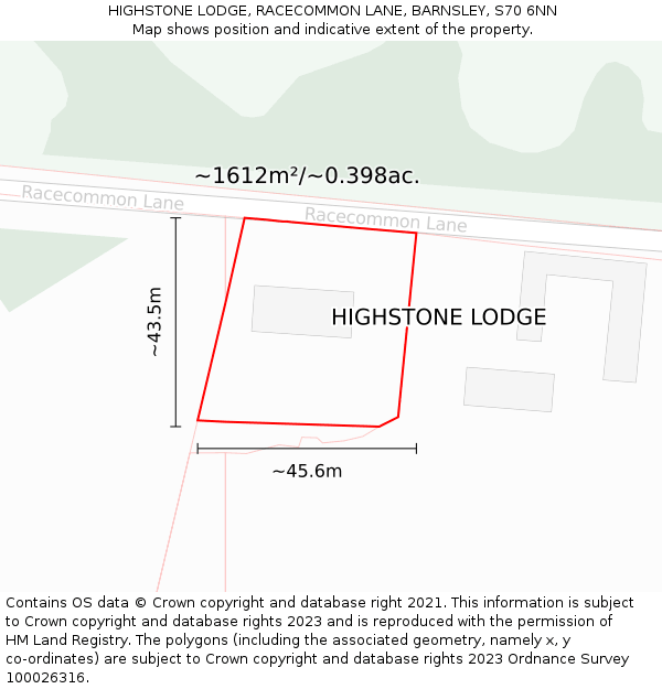 HIGHSTONE LODGE, RACECOMMON LANE, BARNSLEY, S70 6NN: Plot and title map