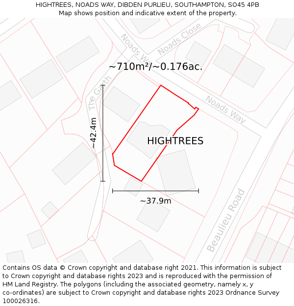 HIGHTREES, NOADS WAY, DIBDEN PURLIEU, SOUTHAMPTON, SO45 4PB: Plot and title map