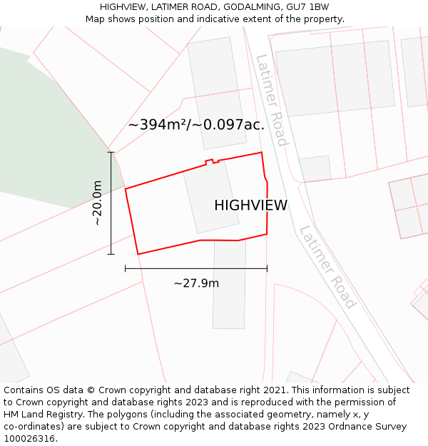 HIGHVIEW, LATIMER ROAD, GODALMING, GU7 1BW: Plot and title map