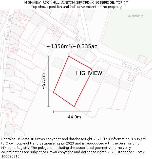 HIGHVIEW, ROCK HILL, AVETON GIFFORD, KINGSBRIDGE, TQ7 4JT: Plot and title map