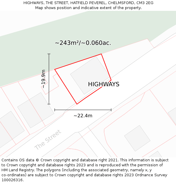 HIGHWAYS, THE STREET, HATFIELD PEVEREL, CHELMSFORD, CM3 2EG: Plot and title map