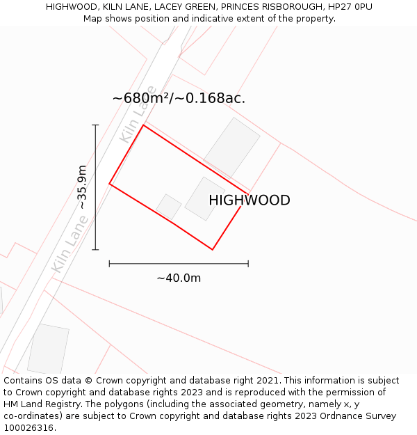 HIGHWOOD, KILN LANE, LACEY GREEN, PRINCES RISBOROUGH, HP27 0PU: Plot and title map