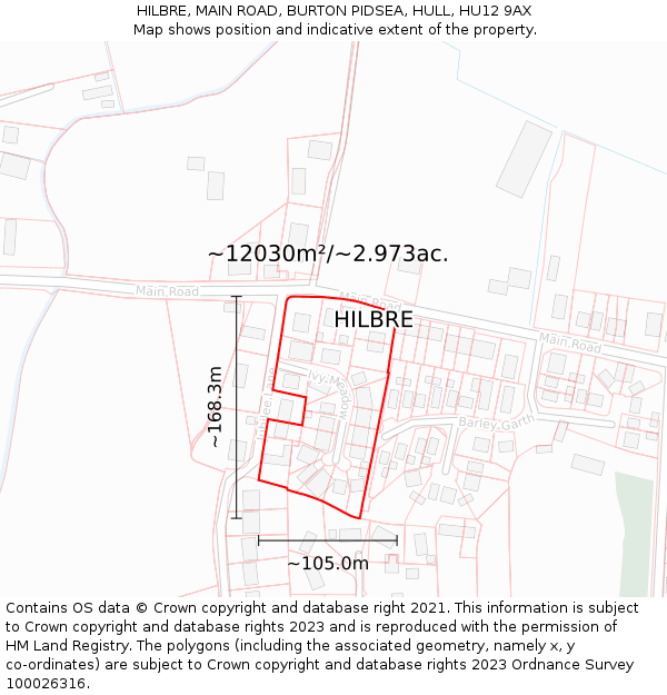 HILBRE, MAIN ROAD, BURTON PIDSEA, HULL, HU12 9AX: Plot and title map