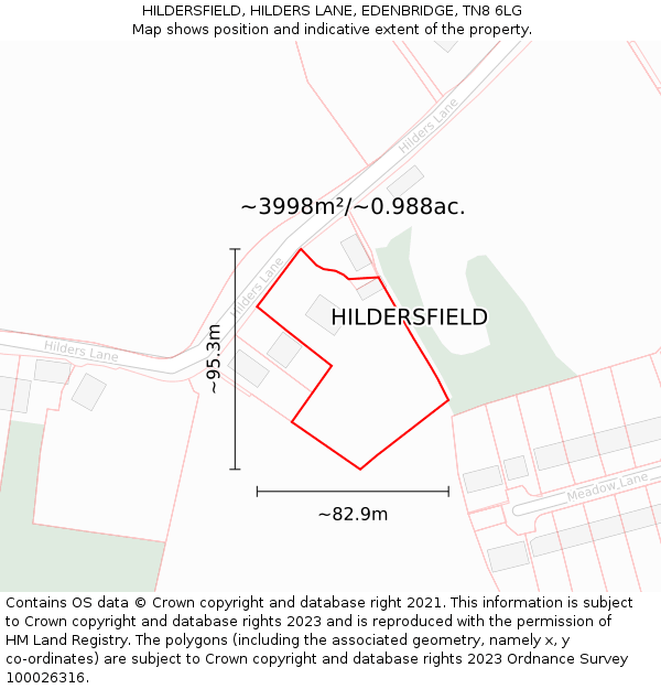 HILDERSFIELD, HILDERS LANE, EDENBRIDGE, TN8 6LG: Plot and title map