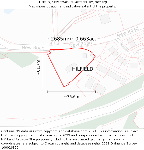 HILFIELD, NEW ROAD, SHAFTESBURY, SP7 8QL: Plot and title map