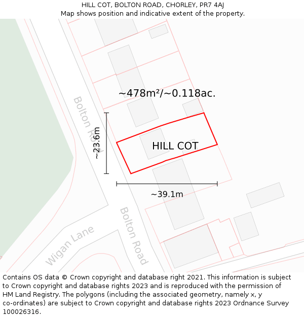 HILL COT, BOLTON ROAD, CHORLEY, PR7 4AJ: Plot and title map