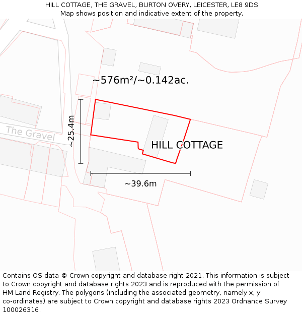 HILL COTTAGE, THE GRAVEL, BURTON OVERY, LEICESTER, LE8 9DS: Plot and title map