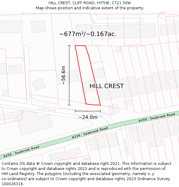 HILL CREST, CLIFF ROAD, HYTHE, CT21 5XW: Plot and title map